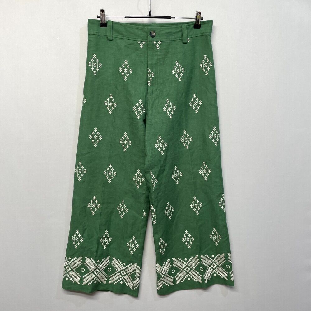 Zara Green Wide Leg Pants with White Pattern
